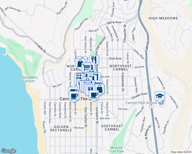 map of restaurants, bars, coffee shops, grocery stores, and more near 4th Avenue in Carmel-by-the-Sea