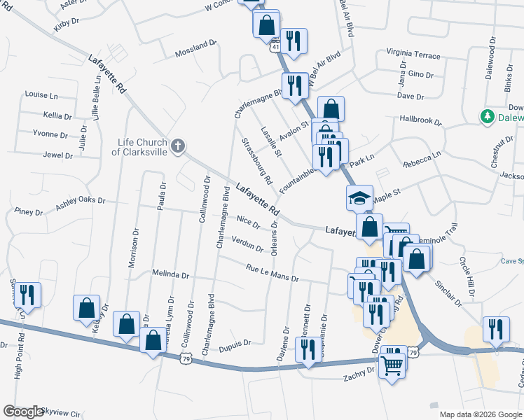 map of restaurants, bars, coffee shops, grocery stores, and more near 311 Nice Drive in Clarksville