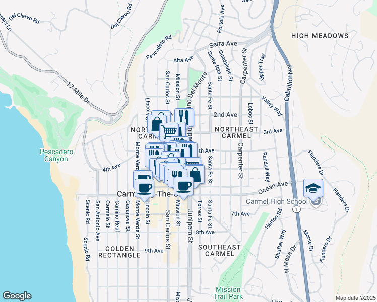map of restaurants, bars, coffee shops, grocery stores, and more near  in Carmel-by-the-Sea