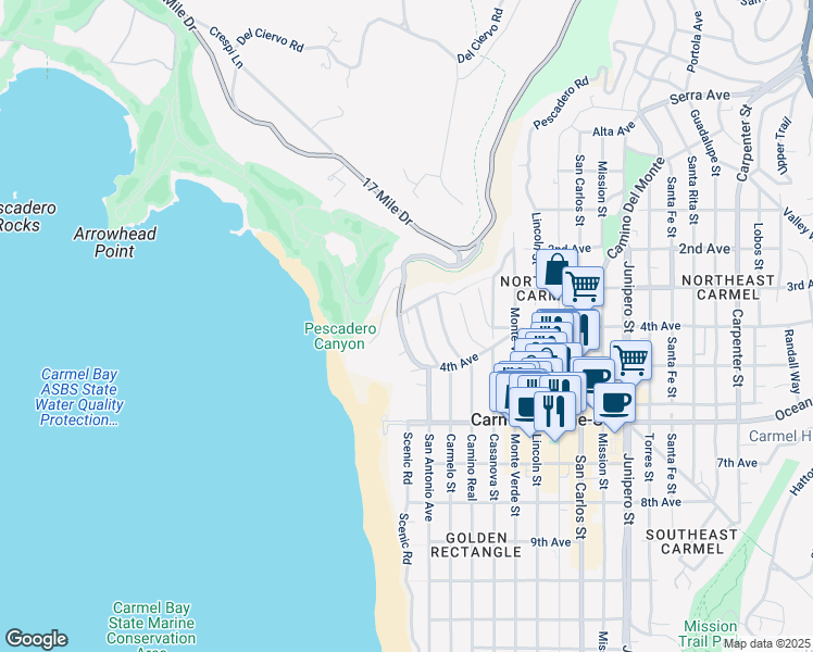 map of restaurants, bars, coffee shops, grocery stores, and more near North San Antonio Avenue in Carmel-by-the-Sea