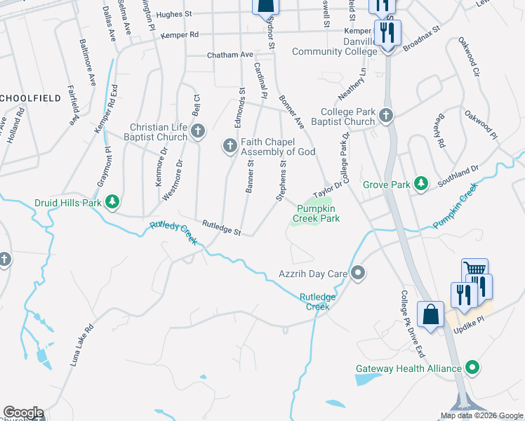 map of restaurants, bars, coffee shops, grocery stores, and more near 500-598 Stephens Street in Danville