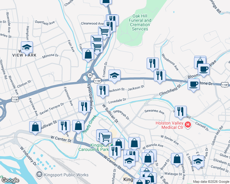 map of restaurants, bars, coffee shops, grocery stores, and more near 637 Jackson Street in Kingsport