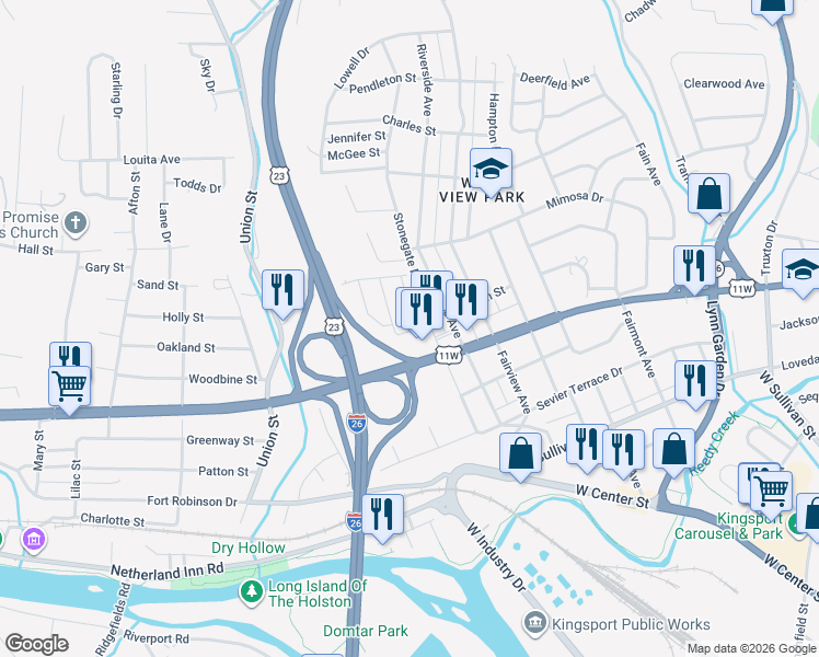 map of restaurants, bars, coffee shops, grocery stores, and more near 800 Stonegate Road in Kingsport