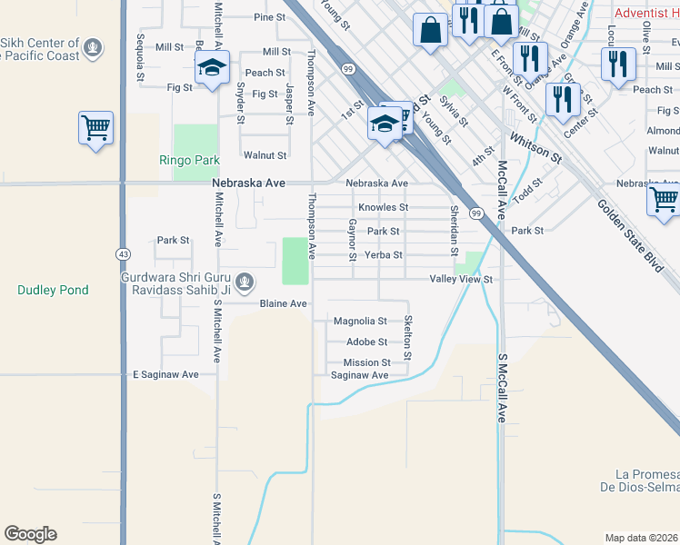 map of restaurants, bars, coffee shops, grocery stores, and more near 2446 Valley View Street in Selma