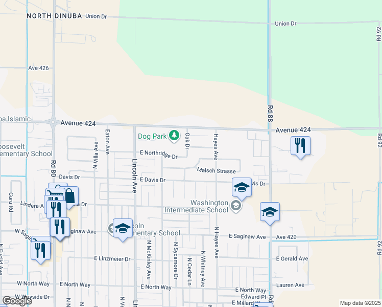 map of restaurants, bars, coffee shops, grocery stores, and more near 1520 Oak Drive in Dinuba
