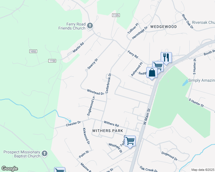 map of restaurants, bars, coffee shops, grocery stores, and more near 439 Cedarbrook Drive in Danville