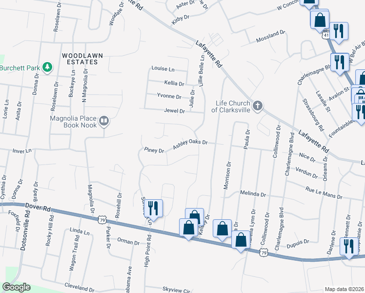 map of restaurants, bars, coffee shops, grocery stores, and more near 628 Ashley Oaks Drive in Clarksville