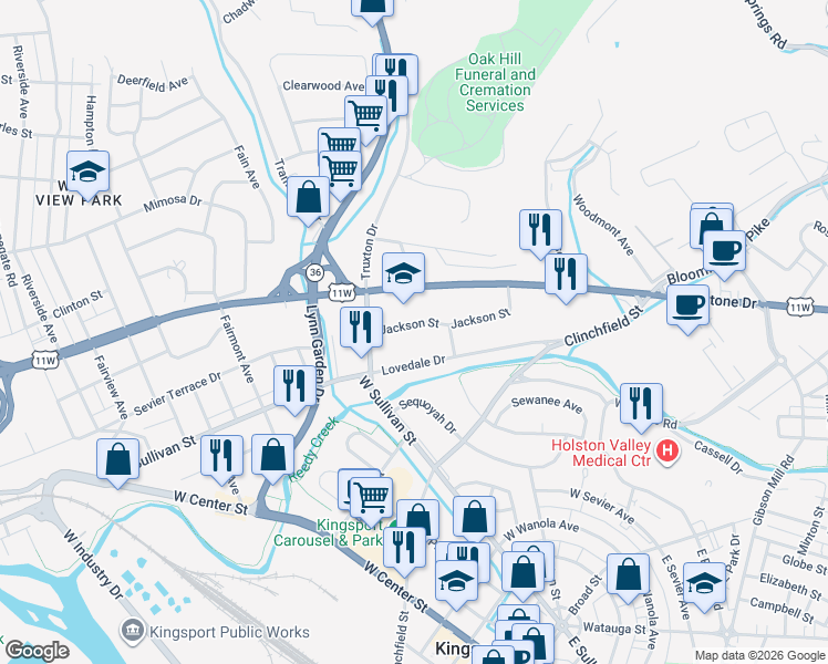 map of restaurants, bars, coffee shops, grocery stores, and more near 637 Jackson Street in Kingsport
