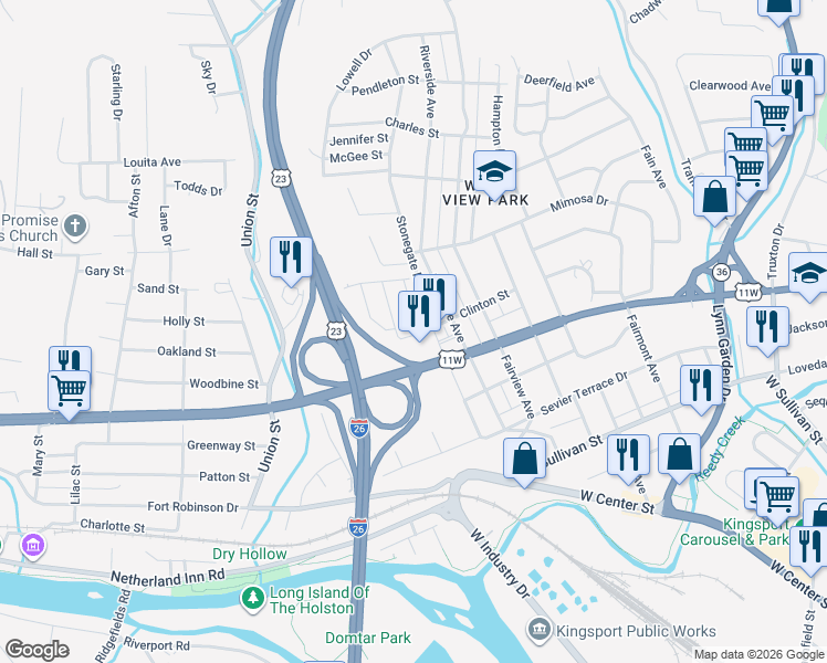 map of restaurants, bars, coffee shops, grocery stores, and more near 800 Stonegate Road in Kingsport