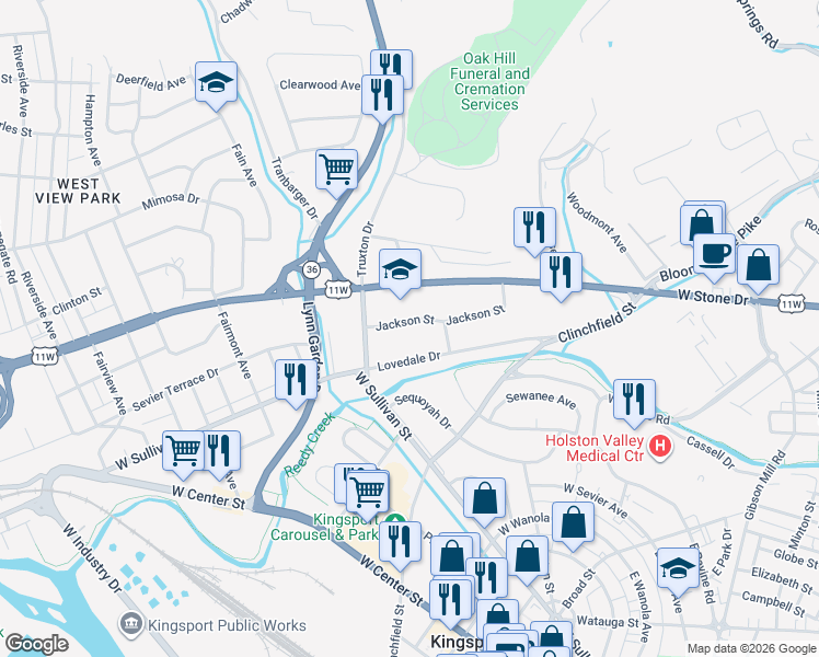 map of restaurants, bars, coffee shops, grocery stores, and more near 637 Jackson Street in Kingsport