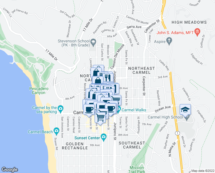map of restaurants, bars, coffee shops, grocery stores, and more near 10 Mission Street in Carmel