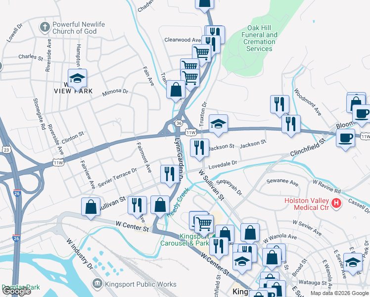 map of restaurants, bars, coffee shops, grocery stores, and more near 517 Lynn Garden Drive in Kingsport