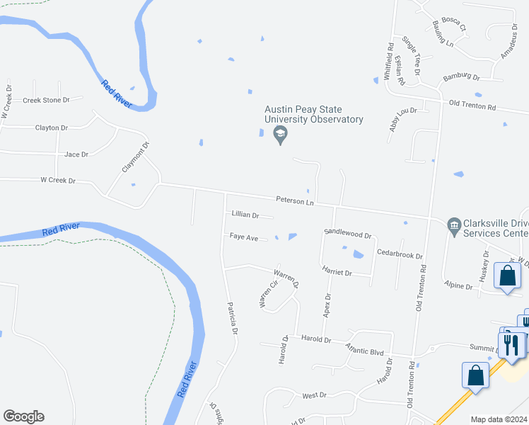 map of restaurants, bars, coffee shops, grocery stores, and more near 423 Lillian Drive in Clarksville