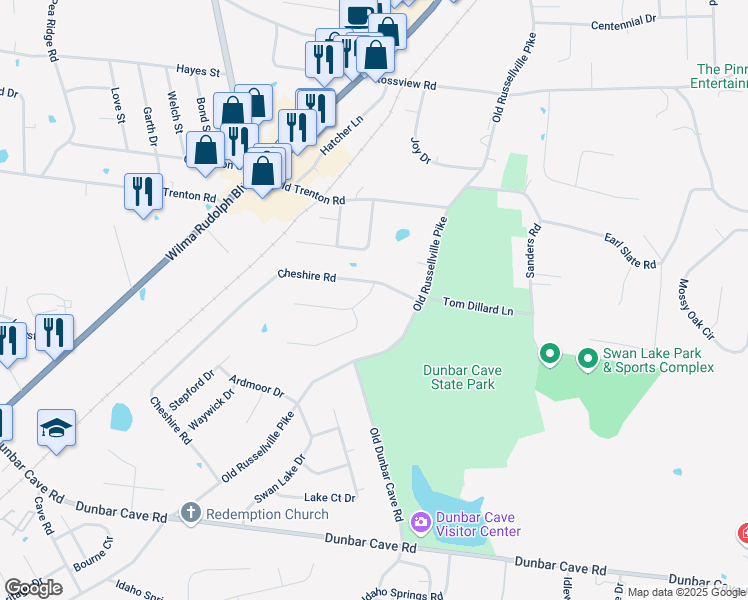 map of restaurants, bars, coffee shops, grocery stores, and more near 232 Trey Court in Clarksville