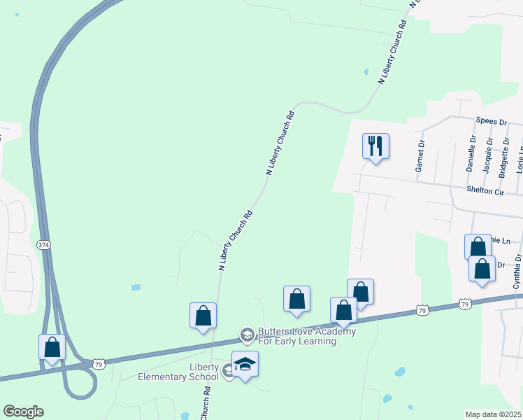 map of restaurants, bars, coffee shops, grocery stores, and more near 1129 North Liberty Church Road in Clarksville
