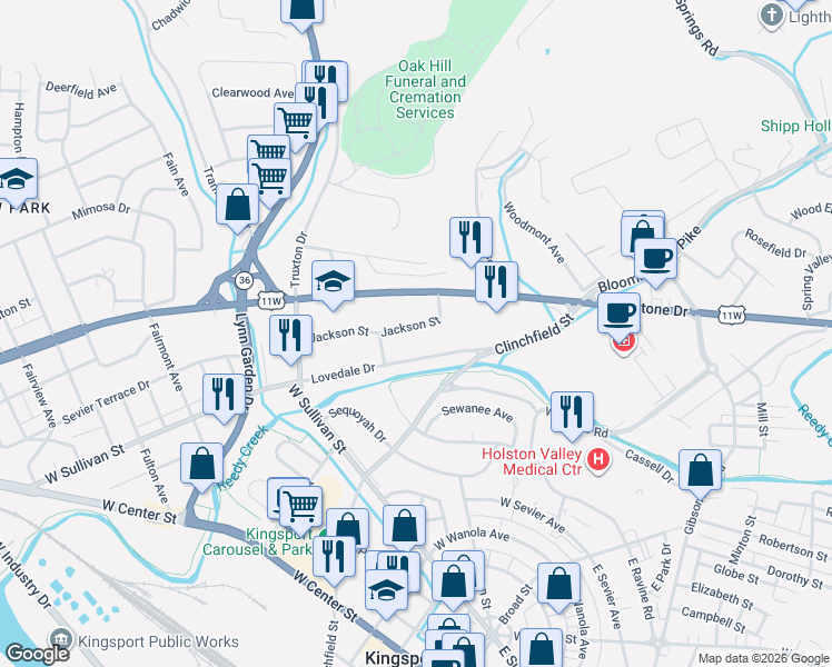 map of restaurants, bars, coffee shops, grocery stores, and more near 570 Lovedale Drive in Kingsport