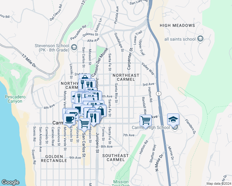 map of restaurants, bars, coffee shops, grocery stores, and more near Santa Rita Street in Carmel-by-the-Sea