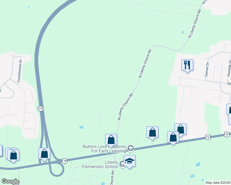map of restaurants, bars, coffee shops, grocery stores, and more near 1025 North Liberty Church Road in Clarksville