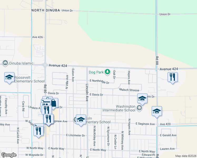 map of restaurants, bars, coffee shops, grocery stores, and more near 867 East Northridge Drive in Dinuba