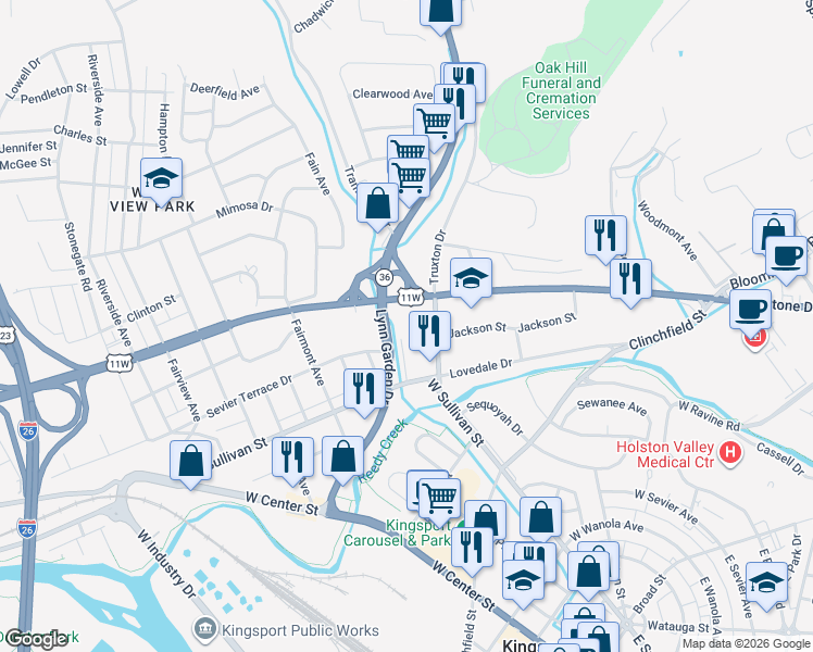map of restaurants, bars, coffee shops, grocery stores, and more near 517 Lynn Garden Drive in Kingsport