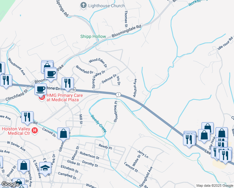 map of restaurants, bars, coffee shops, grocery stores, and more near 2000 Stonebrook Pl in Kingsport