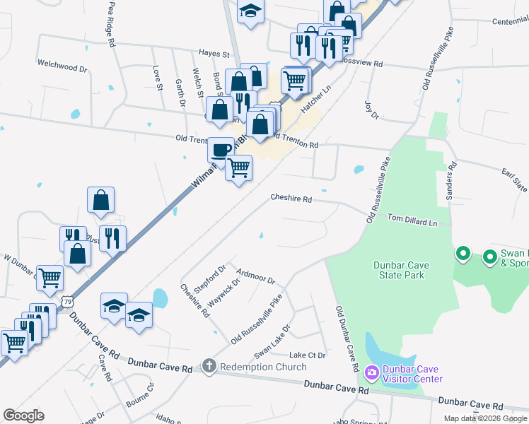 map of restaurants, bars, coffee shops, grocery stores, and more near 210 Trey Court in Clarksville