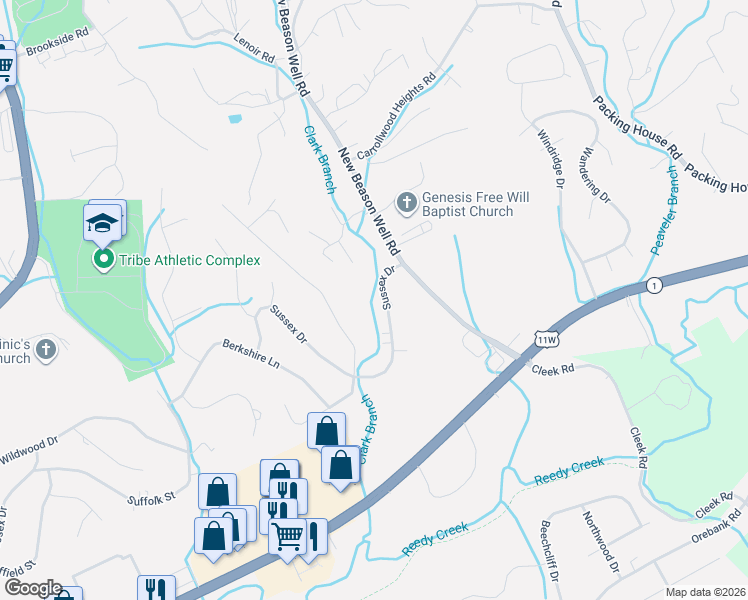 map of restaurants, bars, coffee shops, grocery stores, and more near 1218 Sussex Drive in Kingsport
