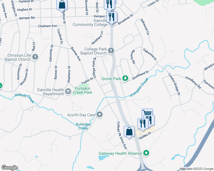 map of restaurants, bars, coffee shops, grocery stores, and more near 112 Willoughby Place in Danville