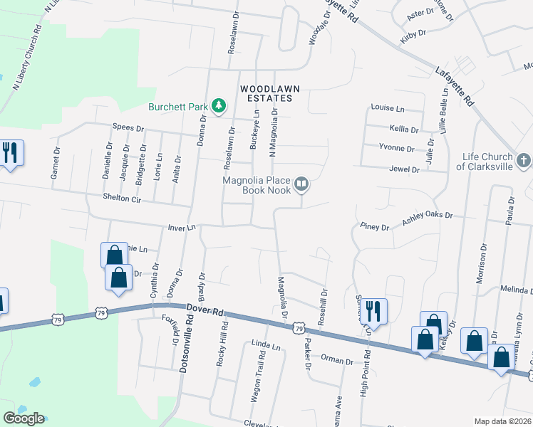 map of restaurants, bars, coffee shops, grocery stores, and more near 519 Magnolia Drive in Clarksville
