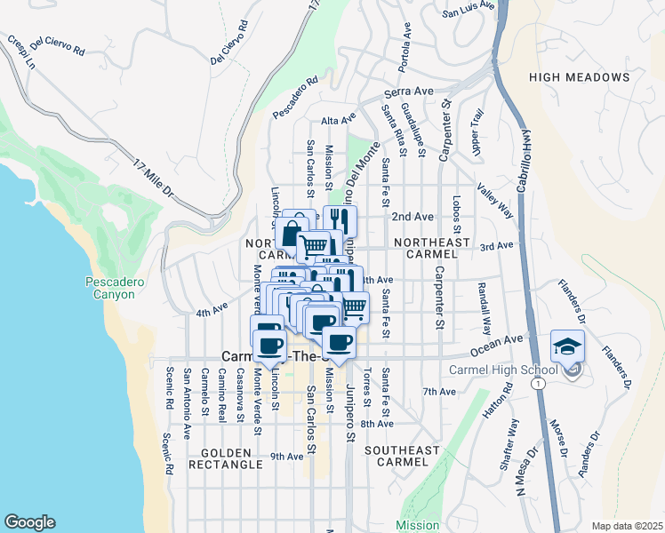map of restaurants, bars, coffee shops, grocery stores, and more near 8 Mission Street in Carmel-by-the-Sea