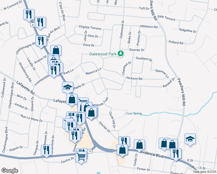 map of restaurants, bars, coffee shops, grocery stores, and more near 38 Chestnut Drive in Clarksville