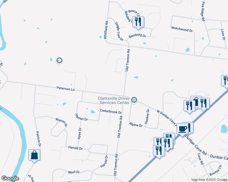 map of restaurants, bars, coffee shops, grocery stores, and more near 320 Peterson Lane in Clarksville