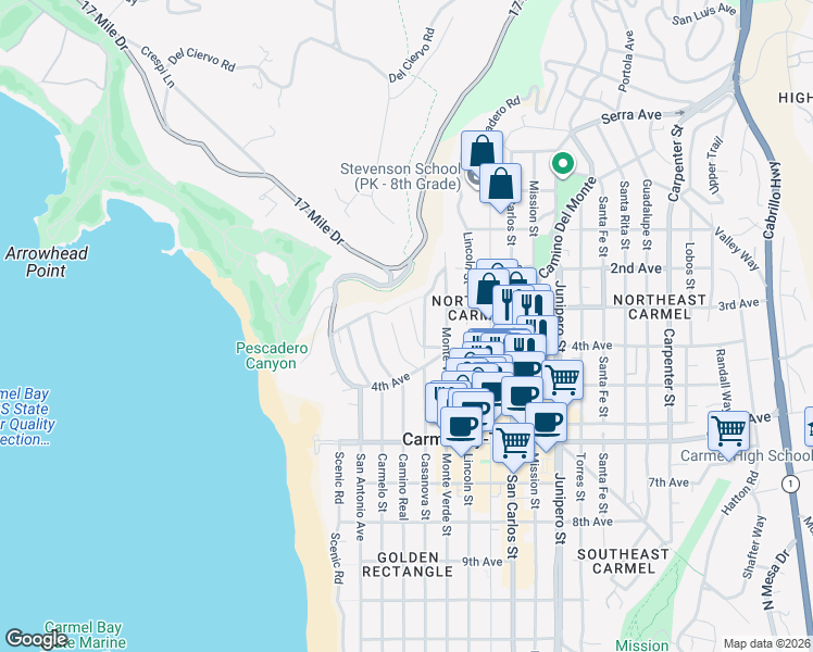 map of restaurants, bars, coffee shops, grocery stores, and more near 2nd Avenue in Carmel-by-the-Sea