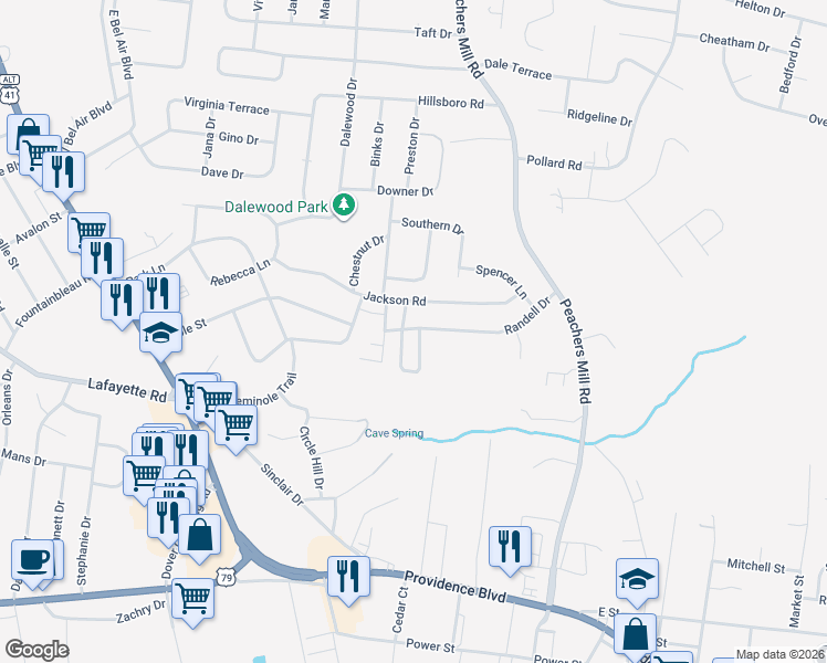map of restaurants, bars, coffee shops, grocery stores, and more near 300 Randell Drive in Clarksville