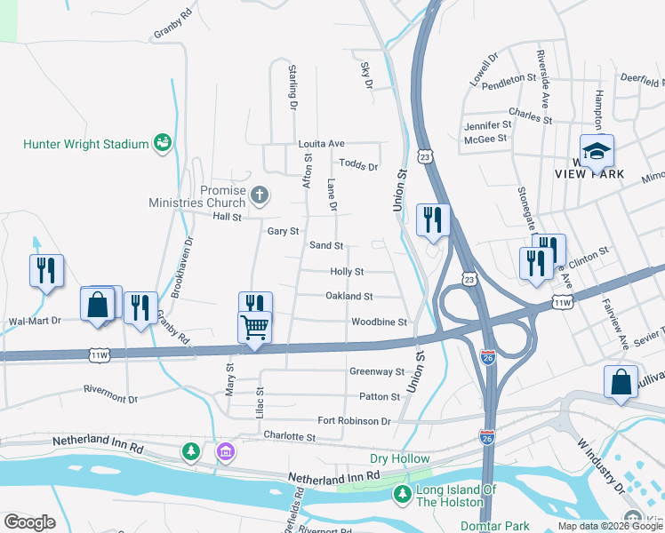 map of restaurants, bars, coffee shops, grocery stores, and more near 2025 Sand Street in Kingsport