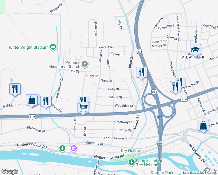 map of restaurants, bars, coffee shops, grocery stores, and more near 2025 Sand Street in Kingsport