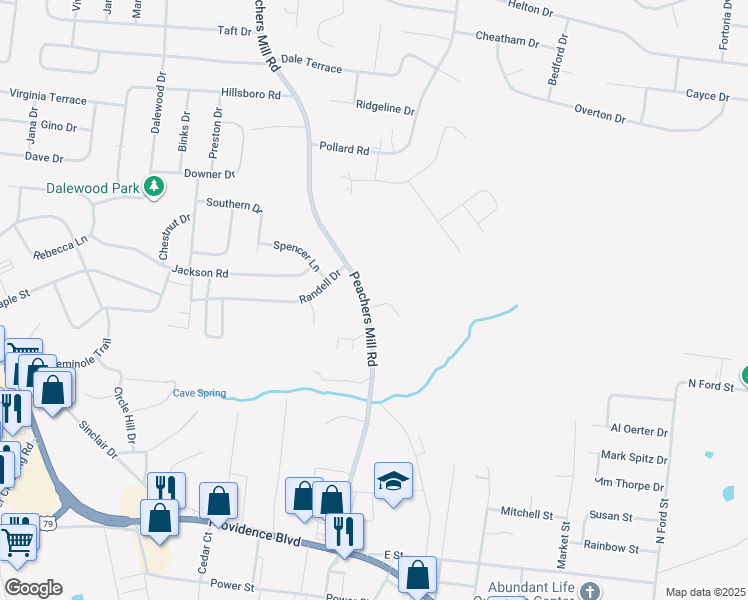 map of restaurants, bars, coffee shops, grocery stores, and more near 501 Peachers Ridge Road in Clarksville