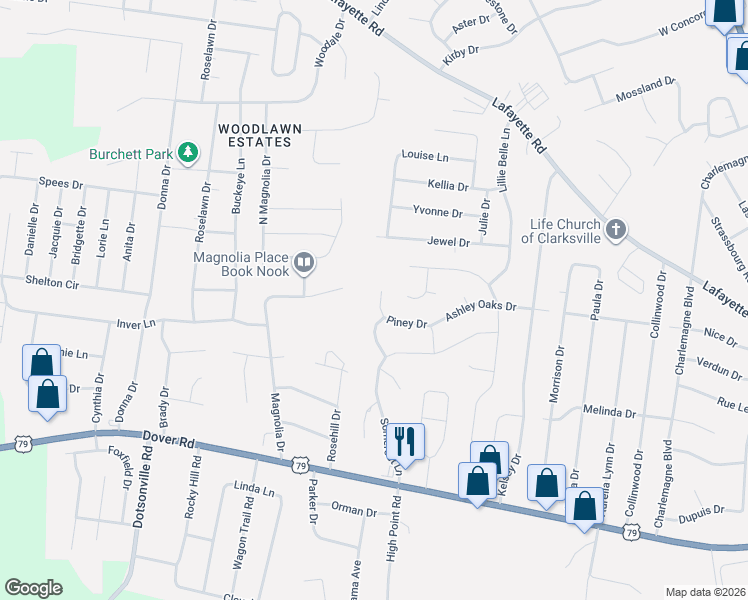 map of restaurants, bars, coffee shops, grocery stores, and more near 413 Piney Drive in Clarksville