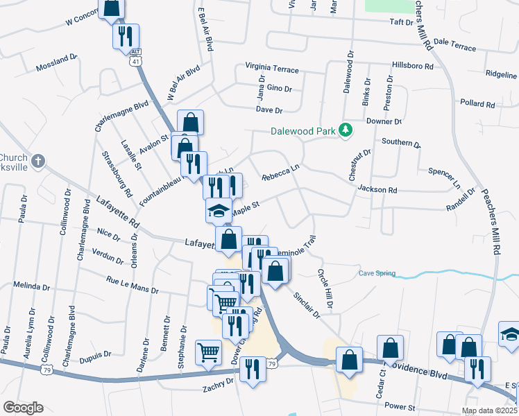 map of restaurants, bars, coffee shops, grocery stores, and more near 20 Maple Street in Clarksville