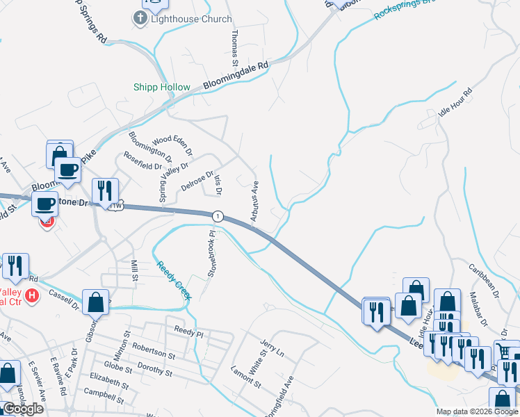 map of restaurants, bars, coffee shops, grocery stores, and more near 405 Arbutus Avenue in Kingsport