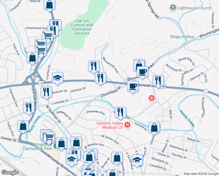 map of restaurants, bars, coffee shops, grocery stores, and more near 323-411 Lee Hwy in Kingsport