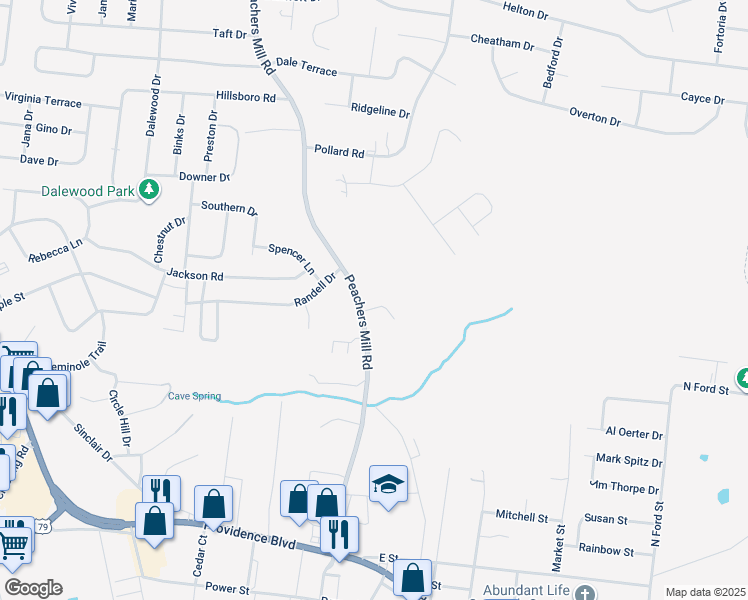 map of restaurants, bars, coffee shops, grocery stores, and more near 593 Peachers Mill Road in Clarksville