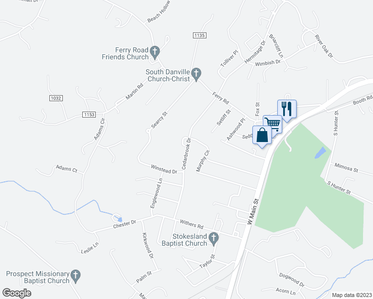 map of restaurants, bars, coffee shops, grocery stores, and more near 401 Cedarbrook Drive in Danville