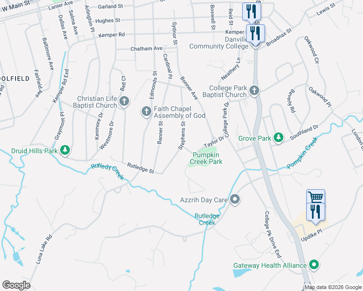 map of restaurants, bars, coffee shops, grocery stores, and more near 500 Stephens Street in Danville