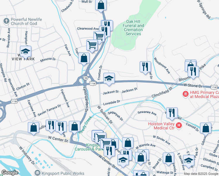 map of restaurants, bars, coffee shops, grocery stores, and more near 600 Jackson Street in Kingsport