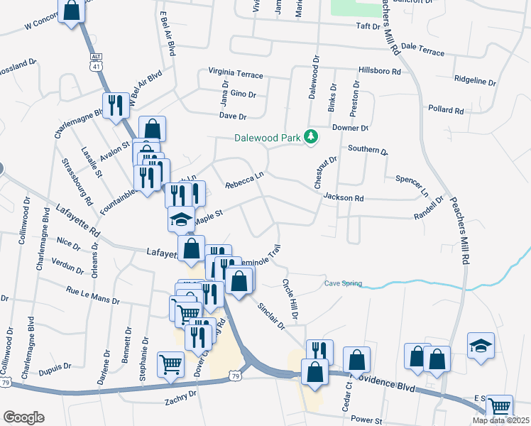 map of restaurants, bars, coffee shops, grocery stores, and more near 306 Park Lane in Clarksville