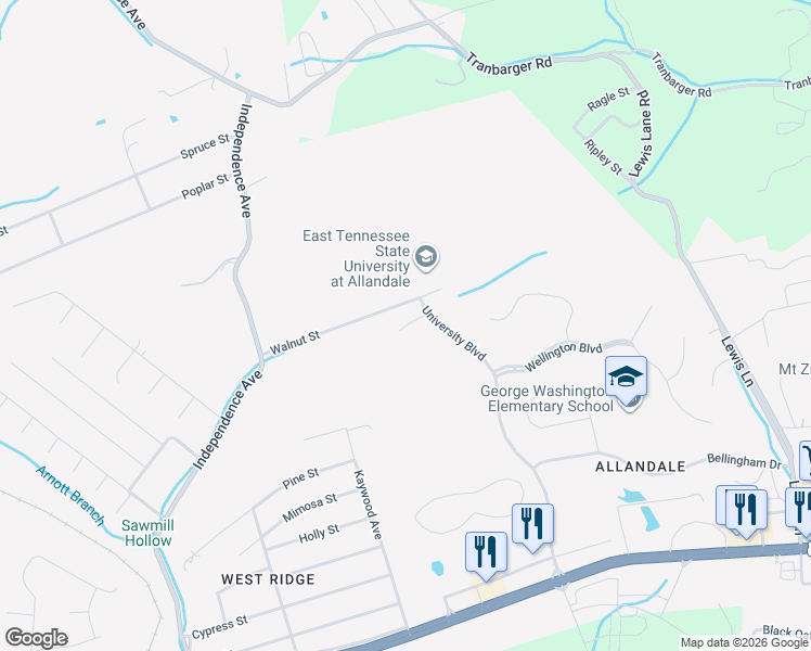 map of restaurants, bars, coffee shops, grocery stores, and more near 104 Strickland Court in Kingsport