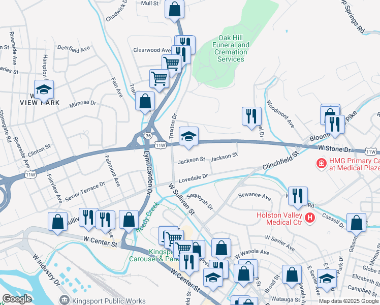 map of restaurants, bars, coffee shops, grocery stores, and more near 600 Jackson Street in Kingsport