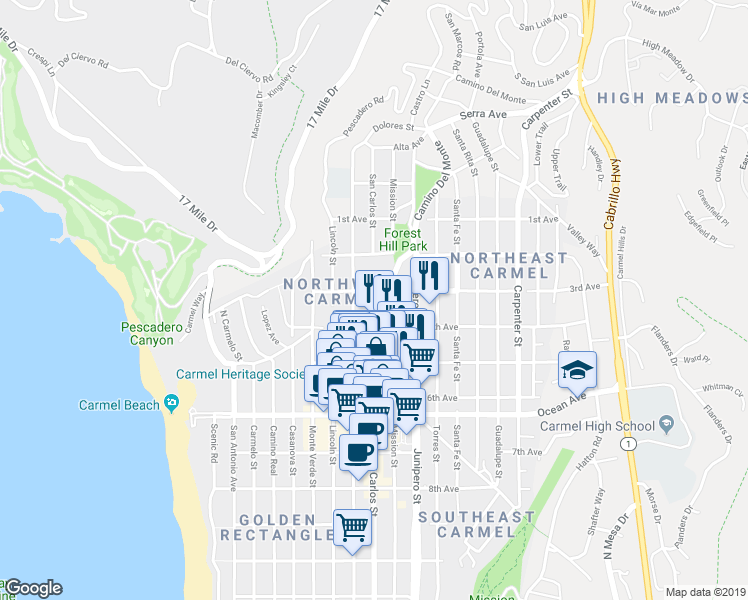 map of restaurants, bars, coffee shops, grocery stores, and more near San Carlos Street & Camino Del Monte in Carmel