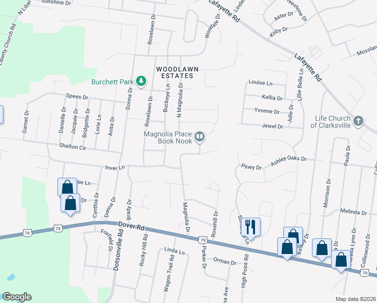 map of restaurants, bars, coffee shops, grocery stores, and more near 484 Medallion Circle in Clarksville